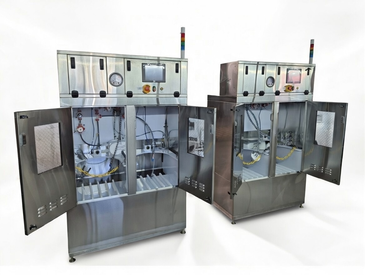 Two manual wet benches for laboratory research and development side by side with doors open.